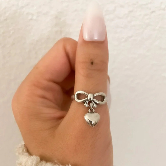 925 Sterling Silver Dangle Heart Ring Heart Charm Ring Minimalist Dainty Ring - Picture 10 of 10